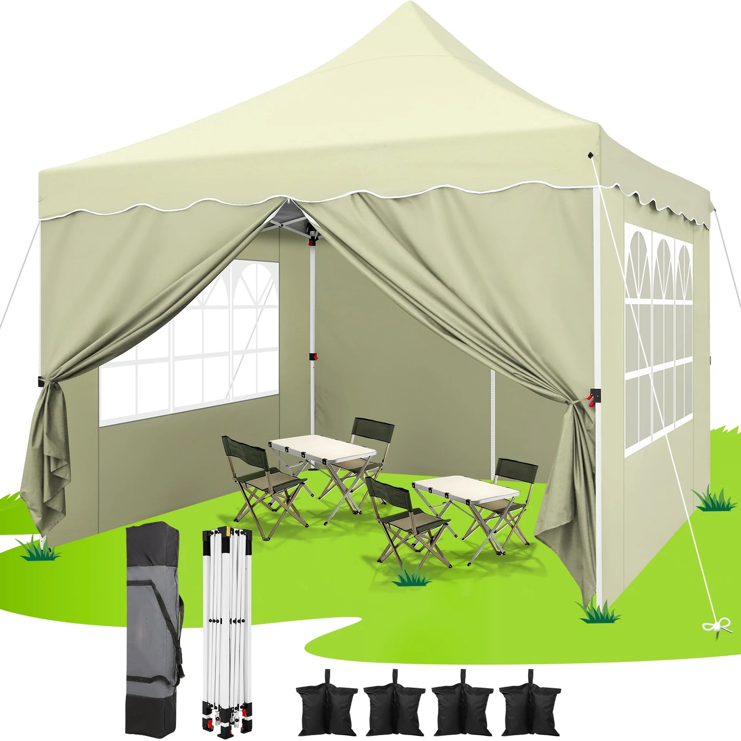 Partytent – Pop-Up Luifel – Tent – Zonnescherm – Schaduwdoek – UV-Bescherming – Waterbestendig – Verstelbaar Frame - 3 x3 Meter - Khaki
