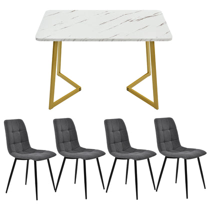 Eetkamerset – Eettafelset – Eetkamertafel Met Stoelen – Compacte Eethoek – Marmerlook Tafel – Linnen Beklede Stoelen - Donkergrijs