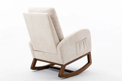 Schommelstoel – Schommelstoel Met Kussen – Relaxstoel – Houten Stoel – Ergonomisch Ontwerp – Hoog Rugleuning – Linnen Kussen - 68.98 x 94 x 100.84 cm - Beige