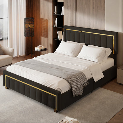 Rosahqnda Padded Platform bed with Hydraulic Storage System, Double Bed frame Modern Box Spring bed Without Mattress