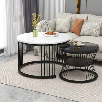 Salontafel - Bijzettafels – Tafelset – Bijzettafel – Metalen Frame – MDF Marmerprint – Twee Formaten
