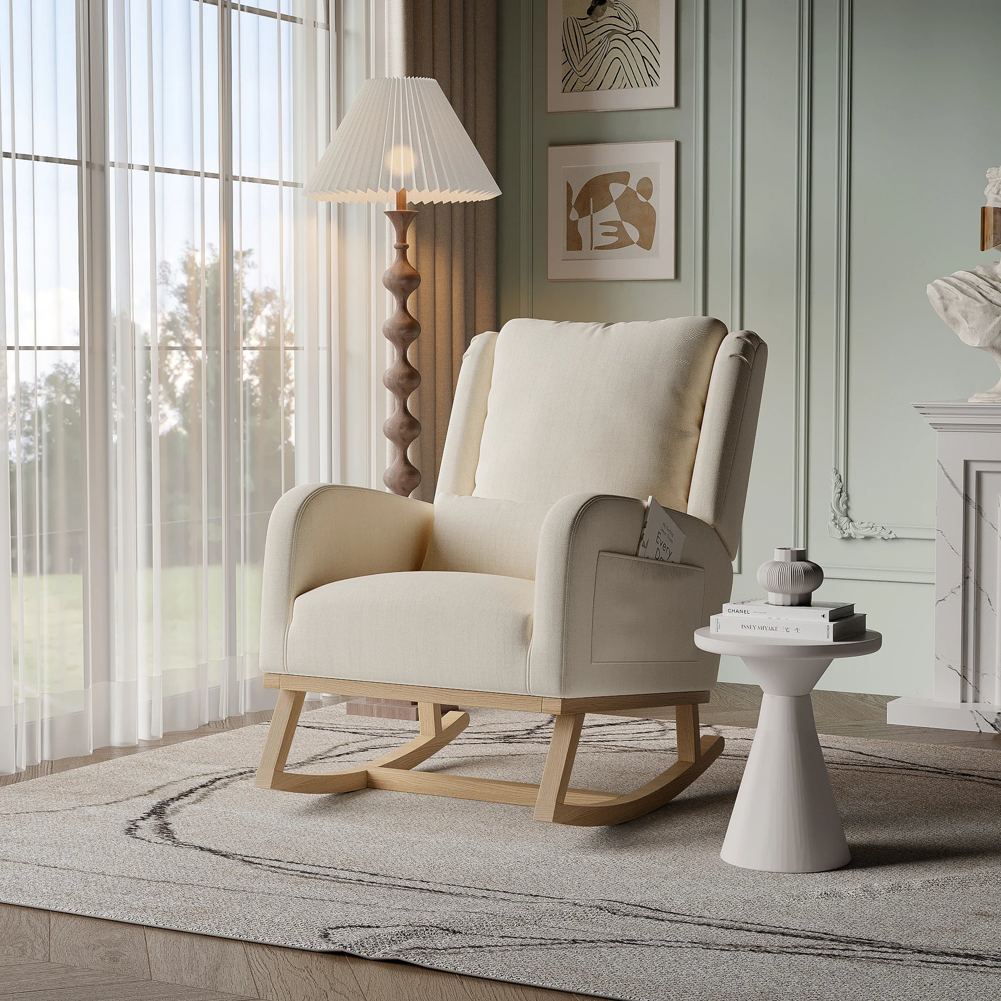 Schommelstoel – Schommelstoel Met Kussen – Relaxstoel – Woonkamerstoel – Linnen Stoel Beige – Comfortabele Dikke Rugleuning – Zachte Teddy Fleece Bekleding - QUORE