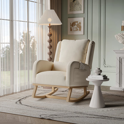 Schommelstoel – Schommelstoel Met Kussen – Relaxstoel – Woonkamerstoel – Linnen Stoel Beige – Comfortabele Dikke Rugleuning – Zachte Teddy Fleece Bekleding - QUORE