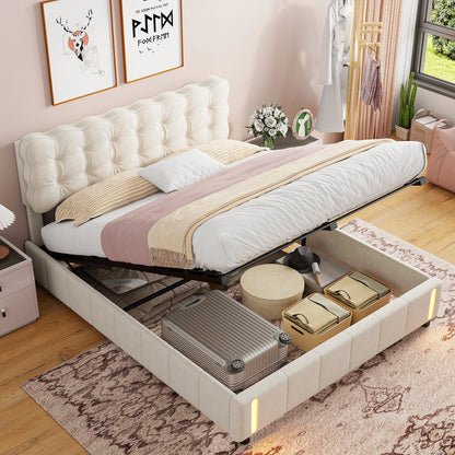 Anajqaqia Upholstered Bed with Storage Space, Hydraulic Bed with Body Sensor Light, Double Bed with Headboard & Slatted Frame