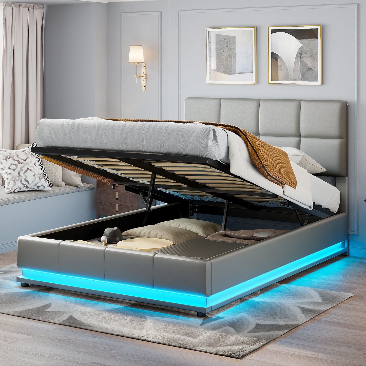Opbergbed – Opbergbed Met Lade – Bed Met Opbergruimte – Tweepersoons Bed – Kunstleren Bedframe – Wit 140x190 cm – Hydraulisch Liftmechanisme – Draagkracht 350 kg
