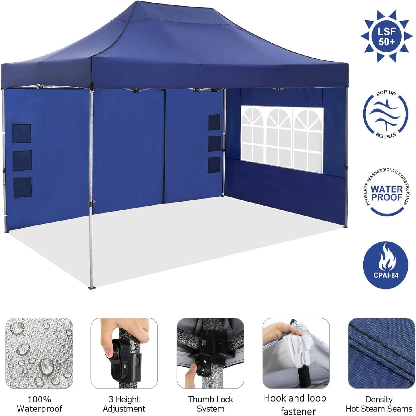 Tuinpaviljoen – Partytent – Inklapbaar Tuinhuisje – Overkapping – Beschutting – Waterdicht Polyester – Staal Frame - 3x4.5m - Marineblauw - QUORE