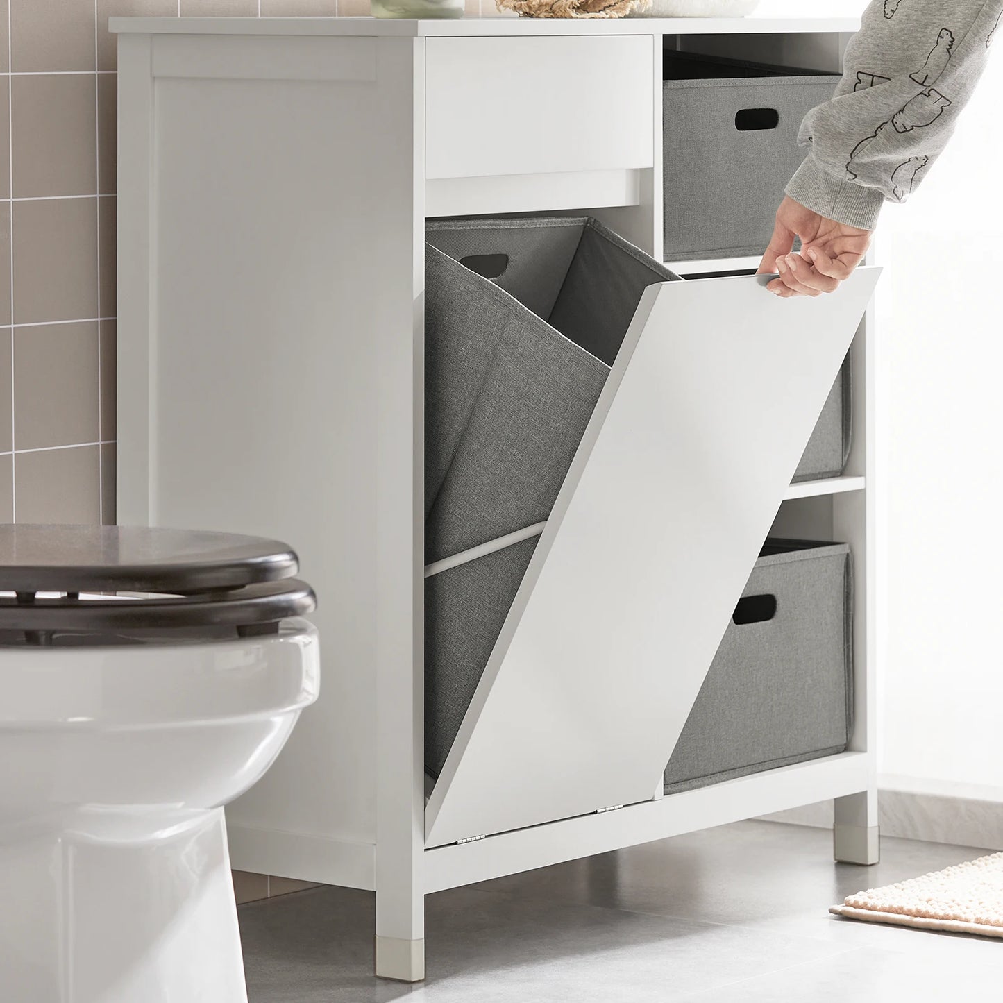 Waskast – Wasmand – Wasbak – Wasruimte Organizer – Wassen Opbergen – Wit – Drie Uitklapbare Wasmanden – Compact Formaat 80x91x38 cm - QUORE