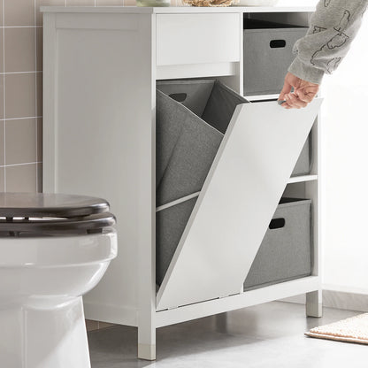 Waskast – Wasmand – Wasbak – Wasruimte Organizer – Wassen Opbergen – Wit – Drie Uitklapbare Wasmanden – Compact Formaat 80x91x38 cm - QUORE