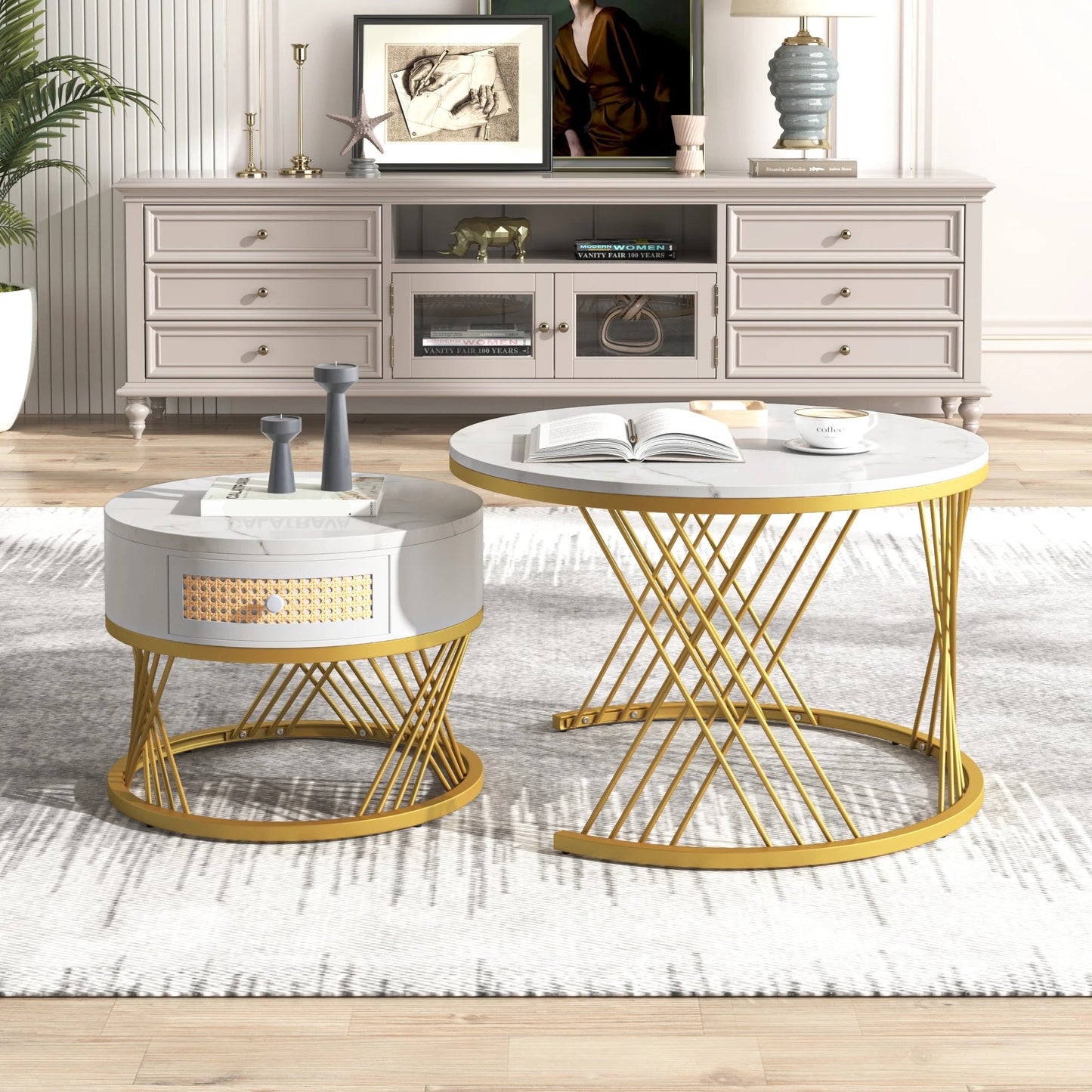 Salontafel Set – Bijzettafel – Ronde Tafel – Woonkamermeubel – MDF Marmerprint – Lade Opbergruimte – Metalen Gouden Pooten