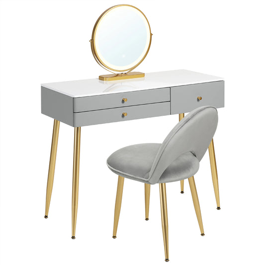 Kaptafel - Make-Up Tafel - Kaptafel Set met Verlichte Spiegel – Verstelbare LED – Make-up Tafel met 3 Lades - Fluwelen Stoel – Moderne Slaapkamermeubel - Tafel 100x40x122cm - Stoel 44x47x80cm - Grijs - QUORE