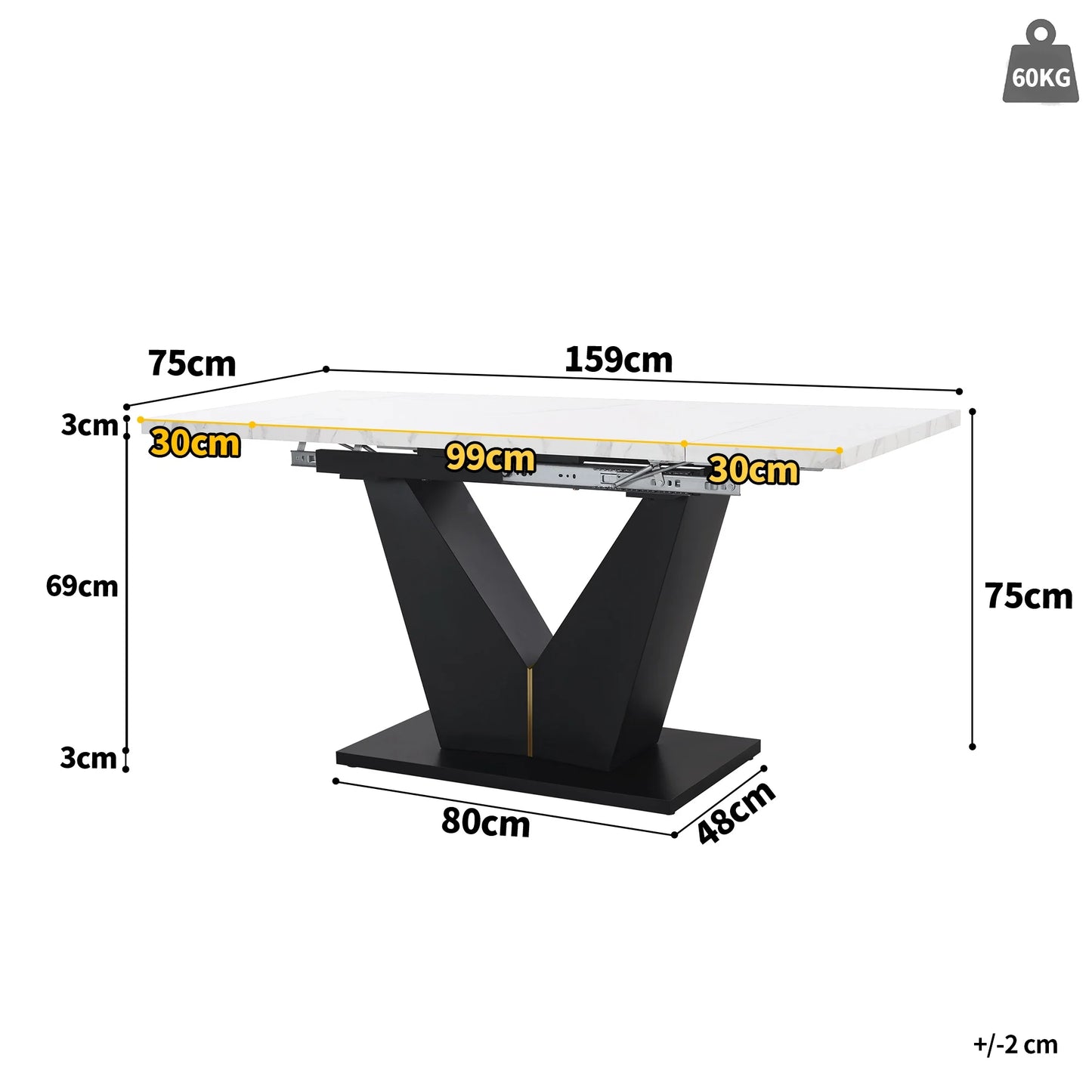 Uitschuifbare Eettafel – Verstelbare Tafel – Uitklapbare Tafel – Telescopische Eettafel – MDF Marmer Print – V-Vormige Poten – Draagvermogen 60 Kg - Olijf