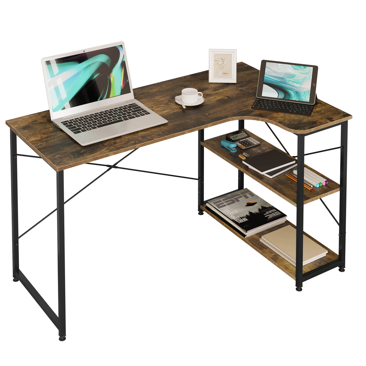 Computertafel - Computerbureau - Computermeubel - Laptoptafel - Gamingtafel - L-vormig - Licht eiken en wit - QUORE