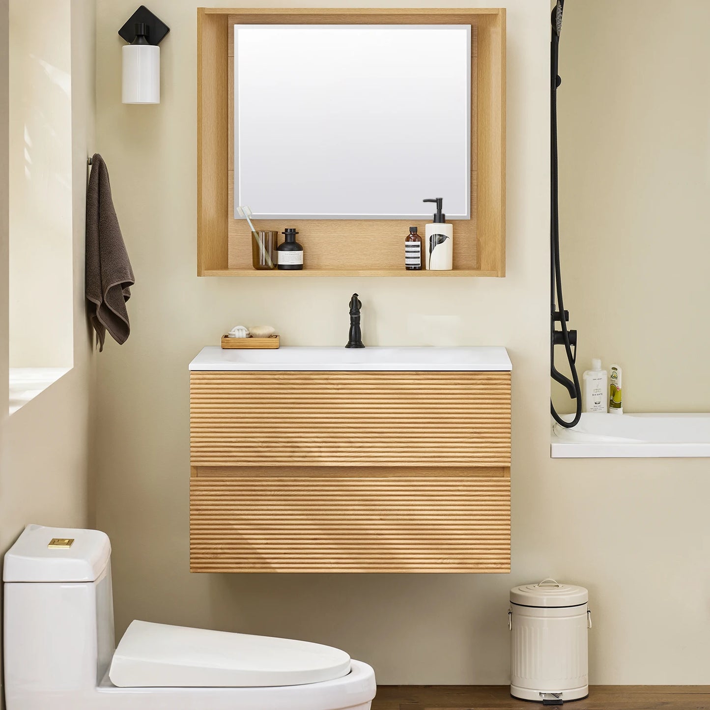 Bekkenstoel – Zithulpstoel – Ergonomische Stoel – Zitcomfort – Stoelverhoger NATURE – Compact Design – MDF Met Keramische Wasbak