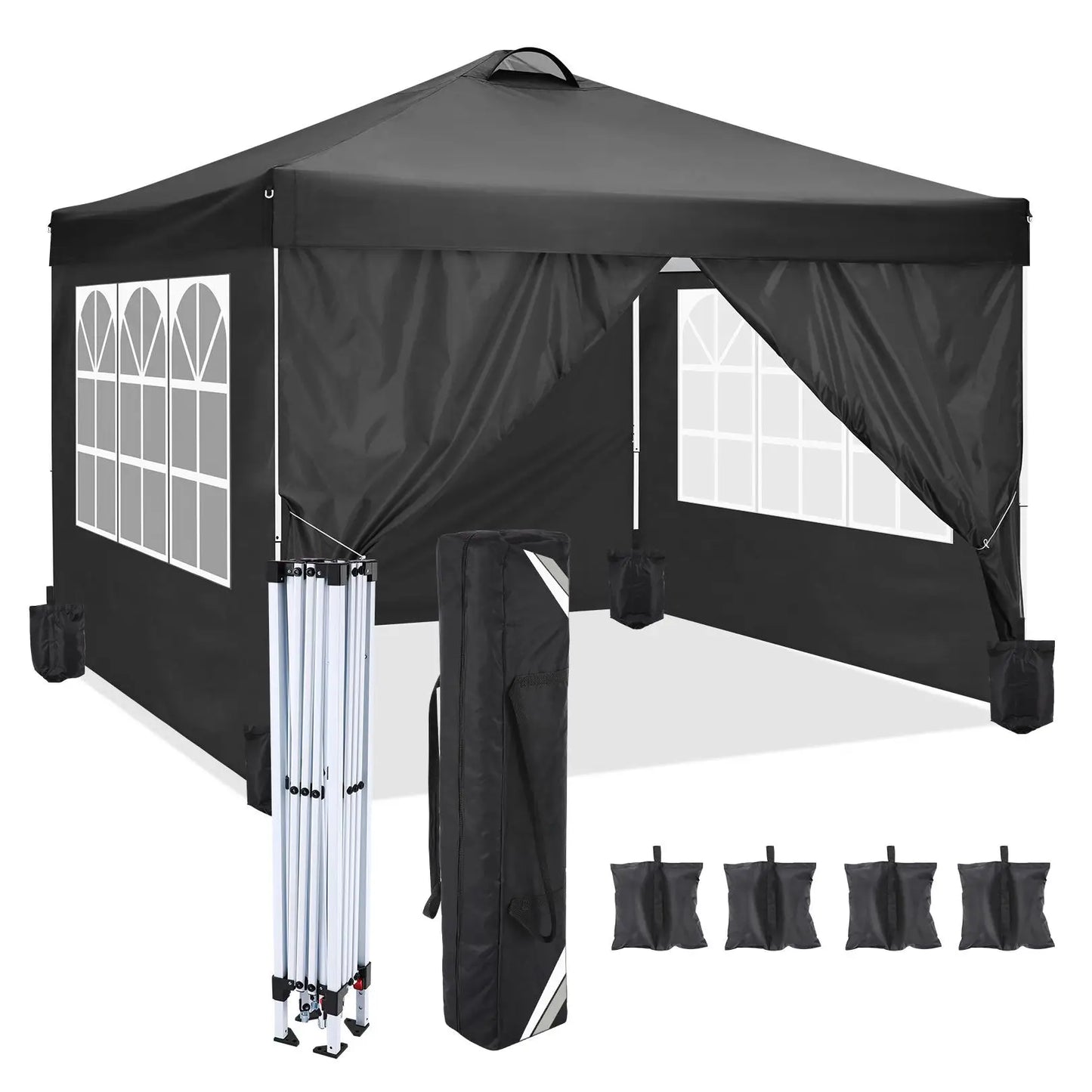 Vouwtent – Overkapping – Partytent – Schaduwdoek – Buitenpaviljoen – Waterdicht 210D Oxford – Inclusief Zijwanden Met Ramen - 3x3m - Zwart - QUORE