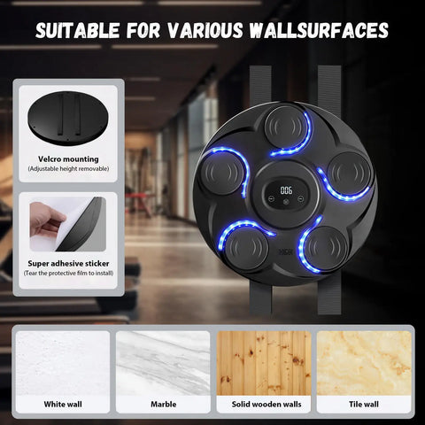 Music Boxing Machine - Music Boxing Machine voor de Muur - 7-Speed Boxing Machine - Gemonteerde Bluetooth Boks Trainer met RGB Verlichting & Handschoenen - Zwart