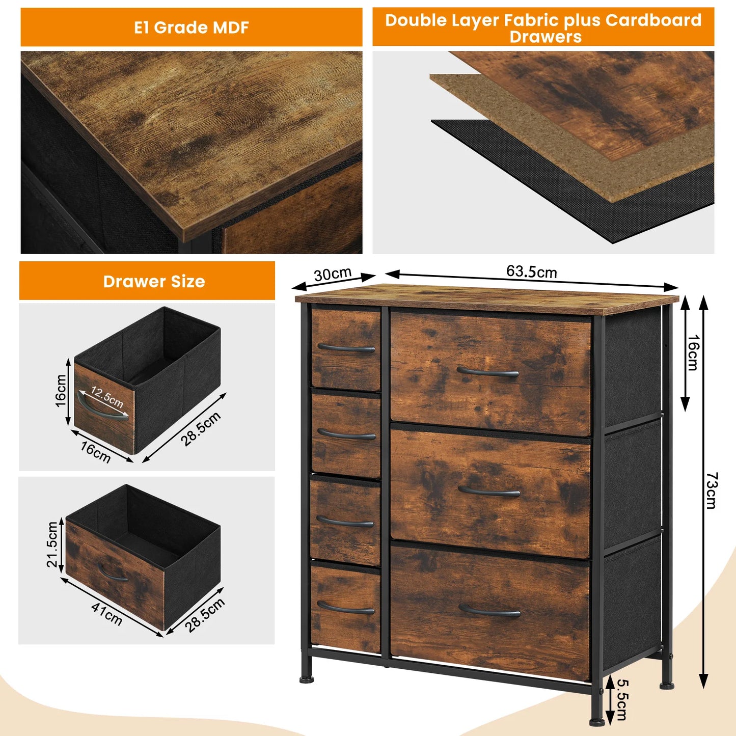 Opbergkast - Ladekast - Ladekastje - Ladenkastje - Ladenkast - Metalen Frame - 7 Lades - voor Woonkamer - Slaapkamer en Hal - Vintage Bruin Zwart