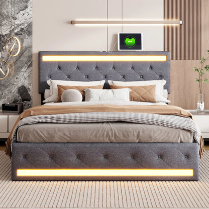 Gestoffeerd Tweepersoonsbed – Opbergbed – Ladebed – Bedframe – Slaapbed – Donkergrijs 180x200 cm – 4 Ruime Lades – Ingebouwde USB-poorten & LED-verlichting