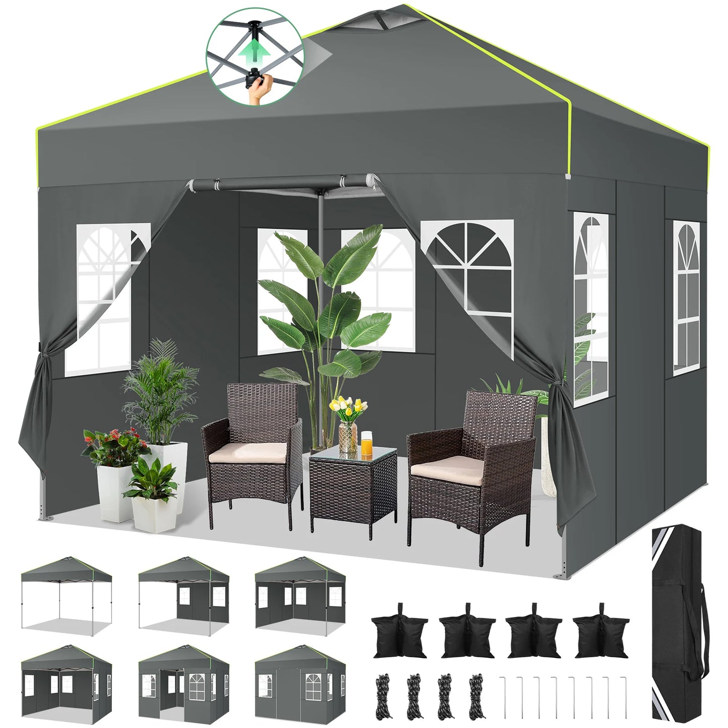 Pop-Up Tent – Vouwtent – Evenemententent – Marktkraamtent – Waterdicht Oxford Doek – UPF 50+ Bescherming – Verstelbare Hoogte - 3 x 3 m - Grijs