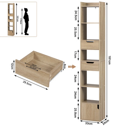 Boekenkasten - Boekenrek - Smalle Hoge Plank - boekenkasten hout - Met 6 Compartimenten - 2 Laden - 33x181x24 cm - Laadvermogen 50 kg - Lichte Eik