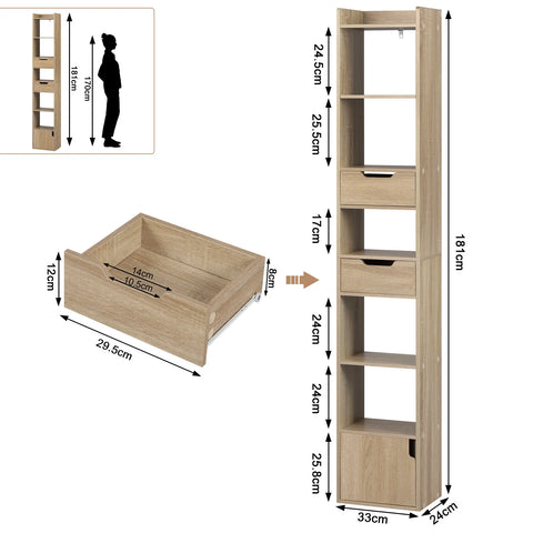 Boekenkasten - Boekenrek - Smalle Hoge Plank - boekenkasten hout - Met 6 Compartimenten - 2 Laden - 33x181x24 cm - Laadvermogen 50 kg - Lichte Eik