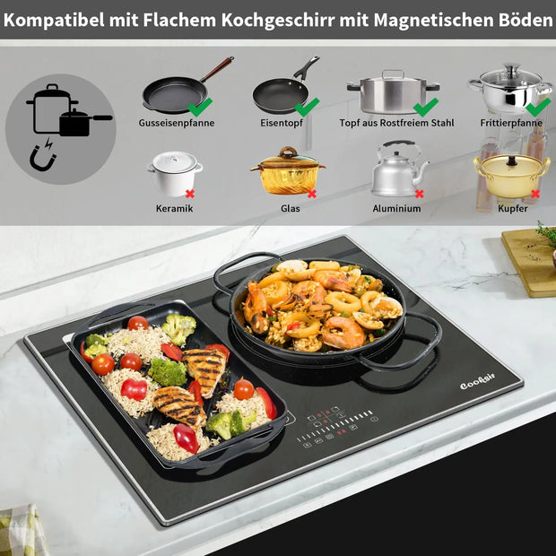 Inductie kookplaat - Induction Hob - Induction Cook Top - Inductie Fornuis - Elektrische Brander - Inductiekookplaat met frame - 60 cm - 3 platen - 6800W - Flexzone voor grill - Schuifbediening - Touch Control - Kinderbeveiliging - Zwart