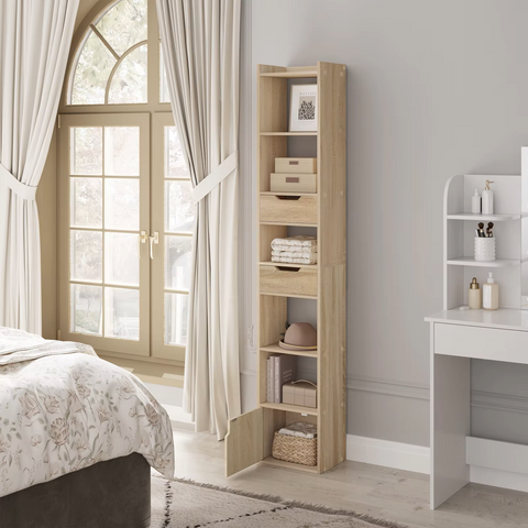 Boekenkasten - Boekenrek - Smalle Hoge Plank - boekenkasten hout - Met 6 Compartimenten - 2 Laden - 33x181x24 cm - Laadvermogen 50 kg - Lichte Eik