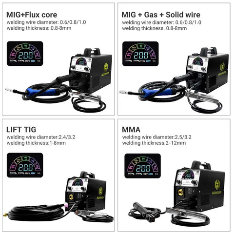 Hzxvogen - Lasmachine - Elektrische lasmachine - 5 in 1 - Halfautomatische lasmachine - Gas Non-Gas IGBT Inverter - MIG lasser TIG ARC/MMA/MAG - Set 1 - Zwart