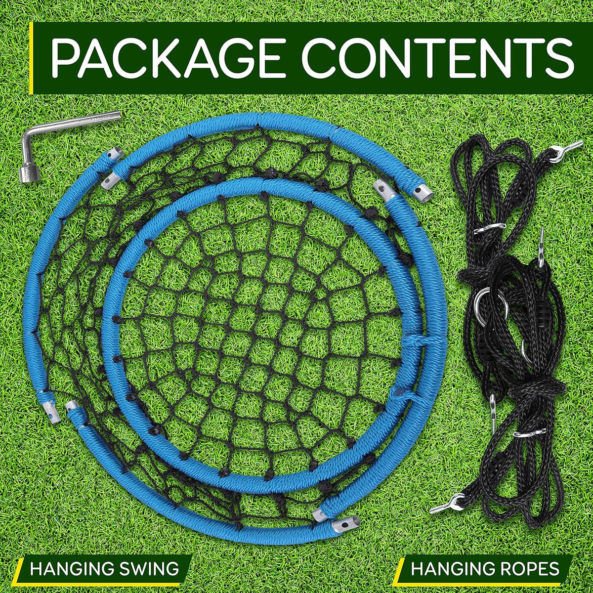 SereneLife Web Stoel Swing 35,5" Inch Opknoping Netted Seat Kids Indoor Outdoor Yard Ronde Cirkel Schotel Swing voor Bomen of Swing Sets - Alle Seizoen UV-bestendig Touw Net Schommeling, Blauw
