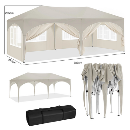 Paviljoen - Tuinpaviljoen - Partytent - Tuintent - Pop-up Kliksysteem - Stabiel - Opvouwbaar - Waterdicht - Winterbestendig - 50+UV-Bescherming - voor Tuin - Buiten - Achtertuin - 210D Oxford-doek - Ijzeren Buis - 3 x 6 m - Beige
