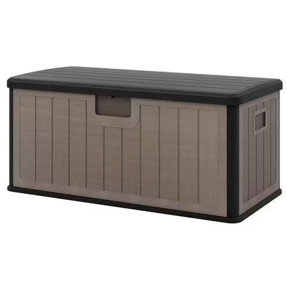 100 Gallon Large Deck Box – Buitenopslagbox – Tuinopbergbox – Opbergkist – Opbergbank – Waterdicht – Lockbaar Deksel – Zwart Bruin