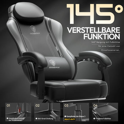 Gamingstoel – Gamerstoel – Bureaustoel – PC Stoel – Office Chair – Ergonomisch Met Veerkussen – Verstelbare Rugleuning & Opklapbare Voetensteun – Grijs - QUORE