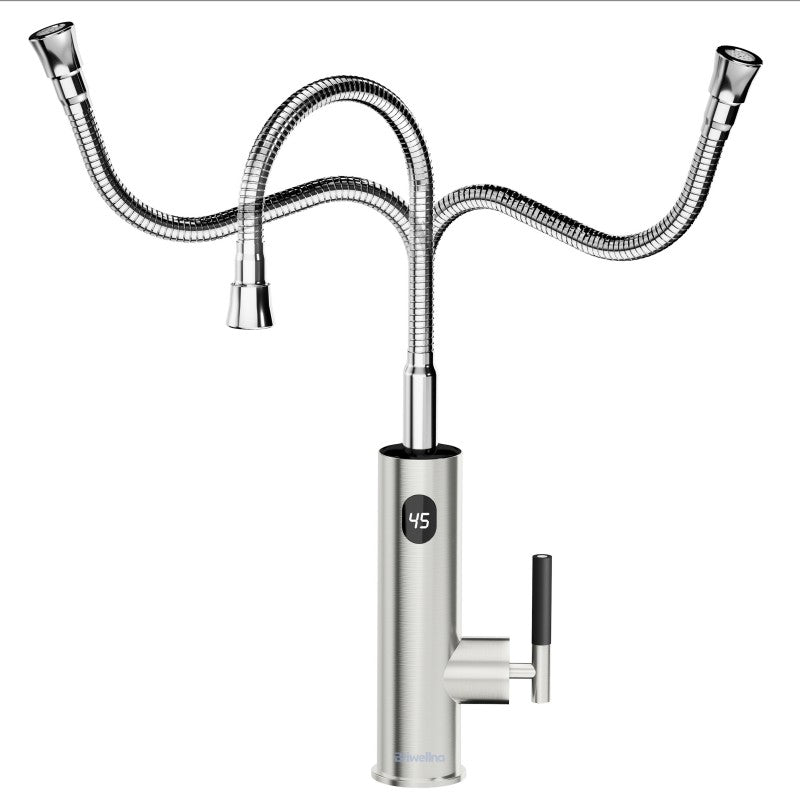 Briwellna - Elektrische keukenkraan - Keukenkranen keukenkraan met Uittrekbare Uitloop - 220V - Verwarmingskraan - Elektrische doorstroomwaterverwarmer met snoer - Roestvrij staal - QUORE