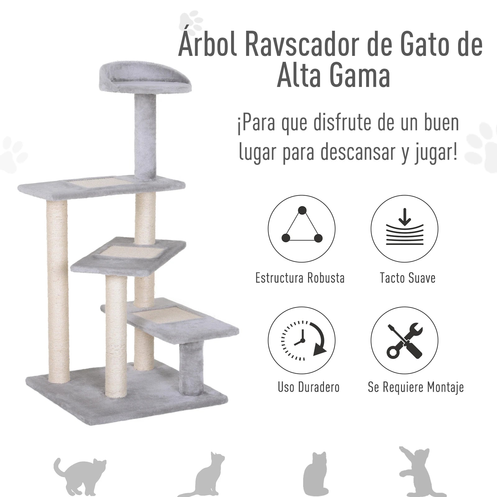 Kattenboom - Krabpaal - met Activiteitencentrum - Platforms - Perfect voor  Een Dutje Doen - Sporten - Spelen - Spaanplaat - Zacht pluche - 48.5 x 48.5 x 100 cm - Grijs - QUORE