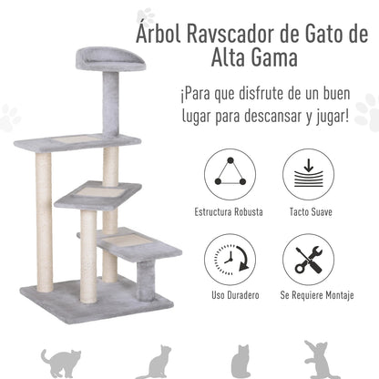 Kattenboom - Krabpaal - met Activiteitencentrum - Platforms - Perfect voor  Een Dutje Doen - Sporten - Spelen - Spaanplaat - Zacht pluche - 48.5 x 48.5 x 100 cm - Grijs - QUORE