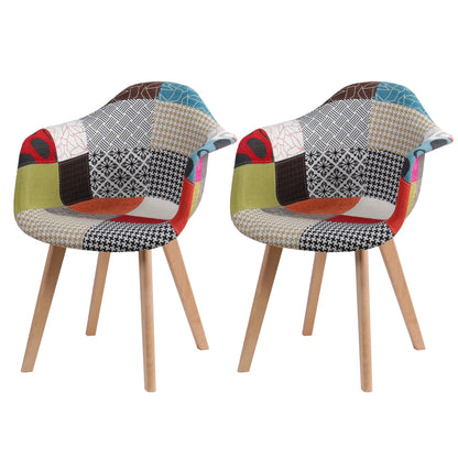 Set van 2 Eetkamerstoelen – Scandinavische Kuipstoelen met Armleuning – Patchwork Stof in Meerkleurig Design – Houten Poten – Comfortabele Fauteuils voor Eetkamer of Woonkamer