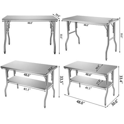 SucceBuy Single/Double-Shelf Professional Stainless Steel Open Kitchen Folding Work Prep Tables Easy Storage for Home Commercial