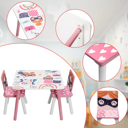 Kindertafel - Kindermeubilair - Kindertafel en Stoelen Set – Houten Speeltafel met 2 Stoelen - Sterk en Duurzaam - Perfect voor Tekenen - Spelen - Eten – Kindermeubilair - voor Slaapkamer - Speelkamer - 60x60x44 cm - Roze - QUORE