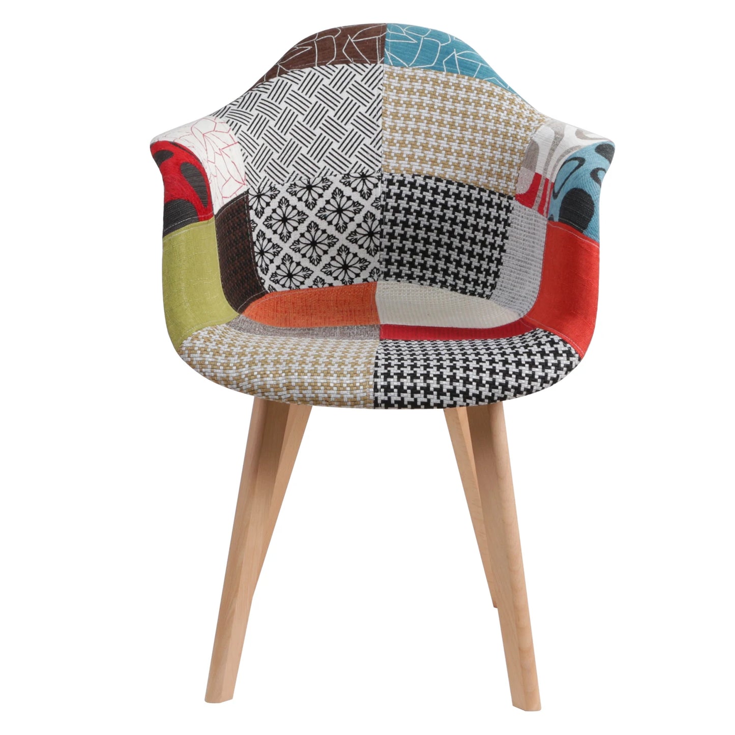 Set van 2 Eetkamerstoelen – Scandinavische Kuipstoelen met Armleuning – Patchwork Stof in Meerkleurig Design – Houten Poten – Comfortabele Fauteuils voor Eetkamer of Woonkamer
