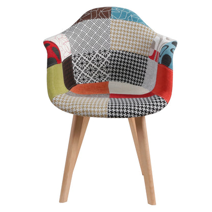 Set van 2 Eetkamerstoelen – Scandinavische Kuipstoelen met Armleuning – Patchwork Stof in Meerkleurig Design – Houten Poten – Comfortabele Fauteuils voor Eetkamer of Woonkamer