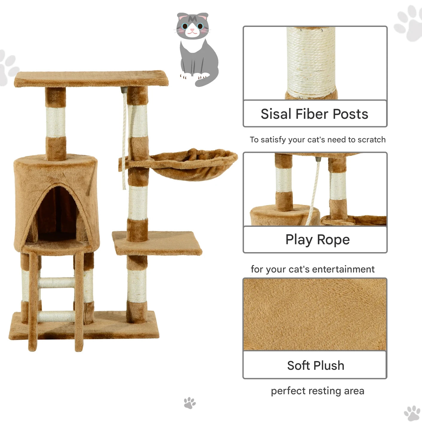 Kattenboom - Krabpaal - met Nest Platform - Kennelladder - Perfect voor  Een Dutje Doen - Sporten - Spelen - Spaanplaat - Zacht pluche - Sisaltouw - 55 x 30 x 95 cm - Bruin - QUORE