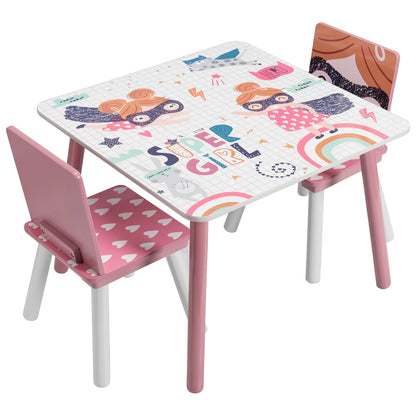 Kindertafel - Kindermeubilair - Kindertafel en Stoelen Set – Houten Speeltafel met 2 Stoelen - Sterk en Duurzaam - Perfect voor Tekenen - Spelen - Eten – Kindermeubilair - voor Slaapkamer - Speelkamer - 60x60x44 cm - Roze - QUORE