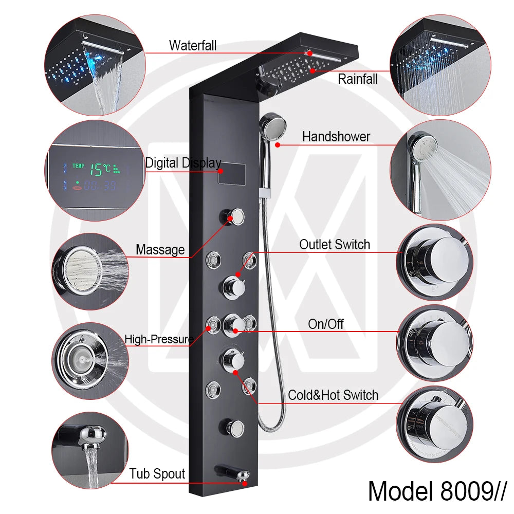 Douche - Regendouche - Douchewand - Douchekolom - Douchepanelen - LED Verlichte Regendouche Paneel – Waterval & Massage Jets met Digitale Display – Luxe Douchekolom - Zwart - QUORE