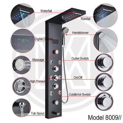 Douche - Regendouche - Douchewand - Douchekolom - Douchepanelen - LED Verlichte Regendouche Paneel – Waterval & Massage Jets met Digitale Display – Luxe Douchekolom - Zwart - QUORE