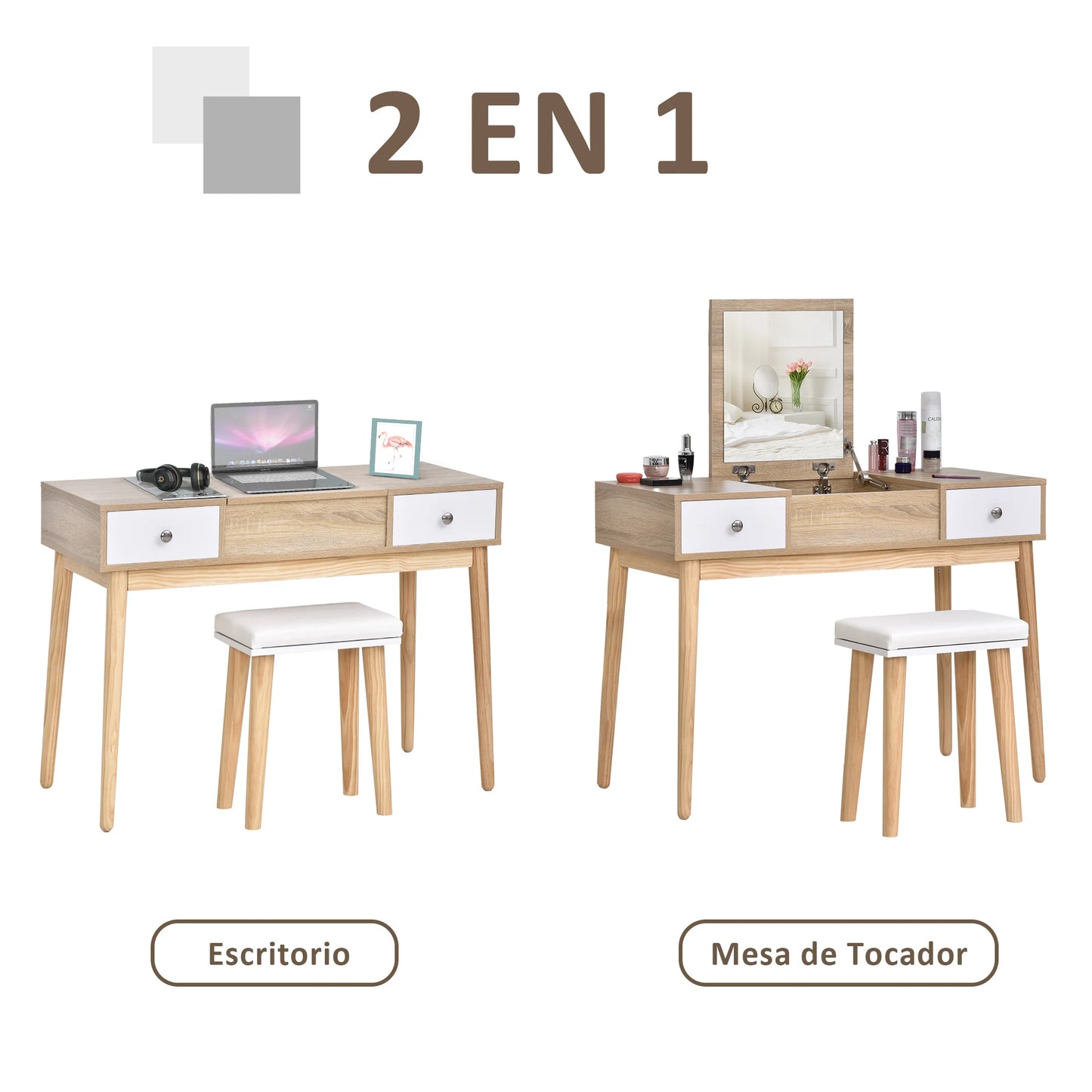 Kaptafel – Make-Up Tafel – Schminktisch – Slaapkamermeubel – Opbergruimte – 2 Lades – Zachte Kruk - 100 x 45 x 118 cm - QUORE