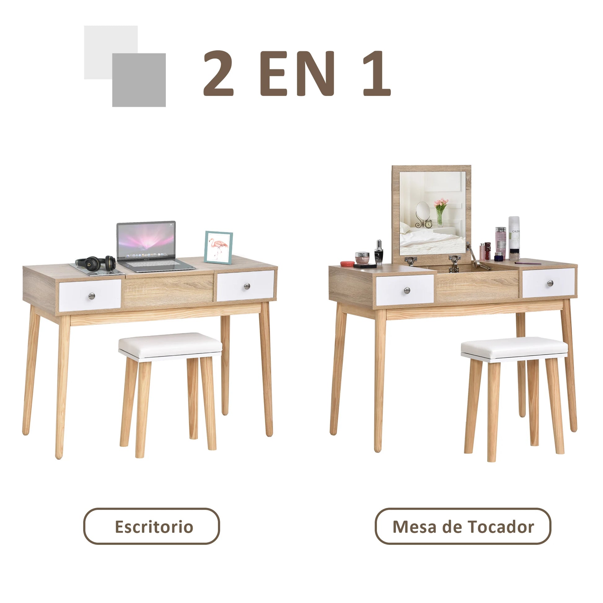 Kaptafel – Make-Up Tafel – Schminktisch – Slaapkamermeubel – Opbergruimte – 2 Lades – Zachte Kruk - 100 x 45 x 118 cm - QUORE