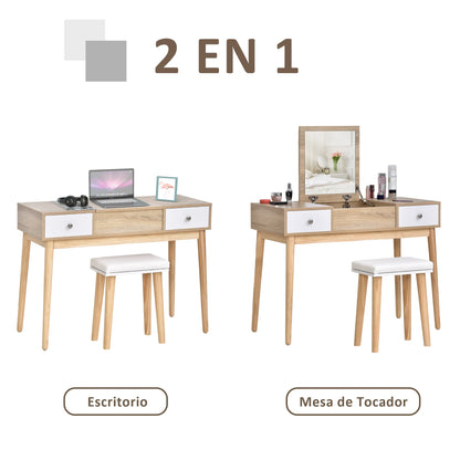 Kaptafel – Make-Up Tafel – Schminktisch – Slaapkamermeubel – Opbergruimte – 2 Lades – Zachte Kruk - 100 x 45 x 118 cm - QUORE