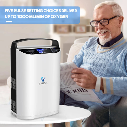 VARON Portable 5L Oxygen Machine Pulse Flow Oxygen Concentrator For Medical Home Use And Travel Outdoor Care With Battery Use - QUORE