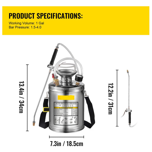 Vevor - Drukspuit - Handspuit - Drukspuiten - 4L - voor Tuin en Huis - Roestvrij Staal - QUORE