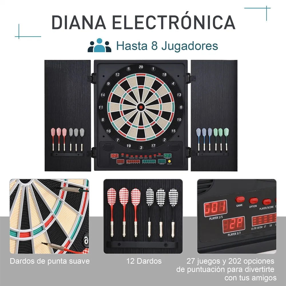 Elektronisch Dartbord – Digitale Darts – Elektronisch Dartspel – Dartsbord Voor 8 Spelers – Met LED-Scorebord – Inclusief 12 Darts en 30 Reservepunten – Compact 51x6,5x57 cm – Houten Beschermkap - QUORE