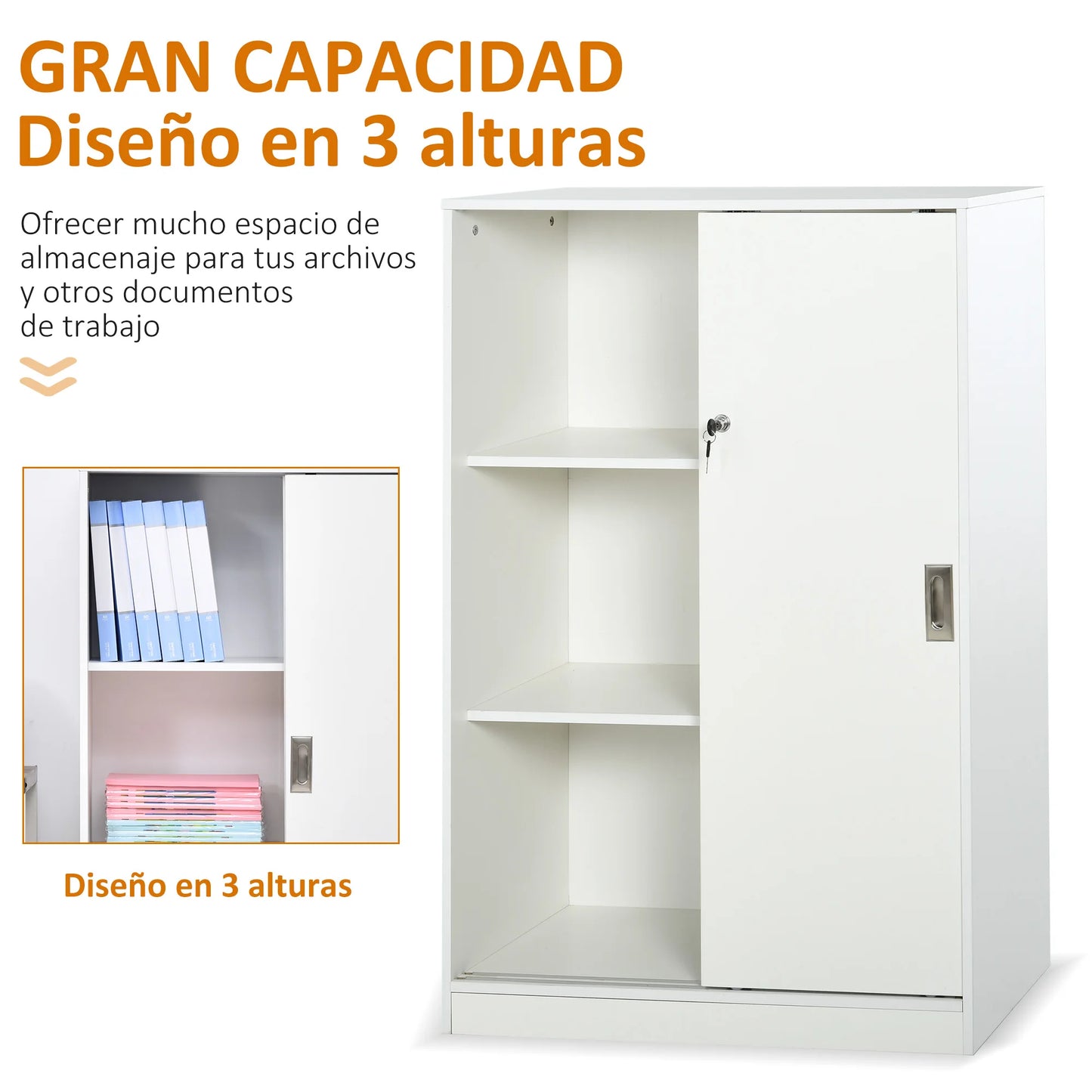 Kast Met Schuifdeuren – Opbergkast – Bureaumeubel – Documentenkast – Slot Met Sleutel – Duurzaam E1 Spaanplaat – Drie Binnenplanken - 80 x 40 x 120 cm - Wit - QUORE